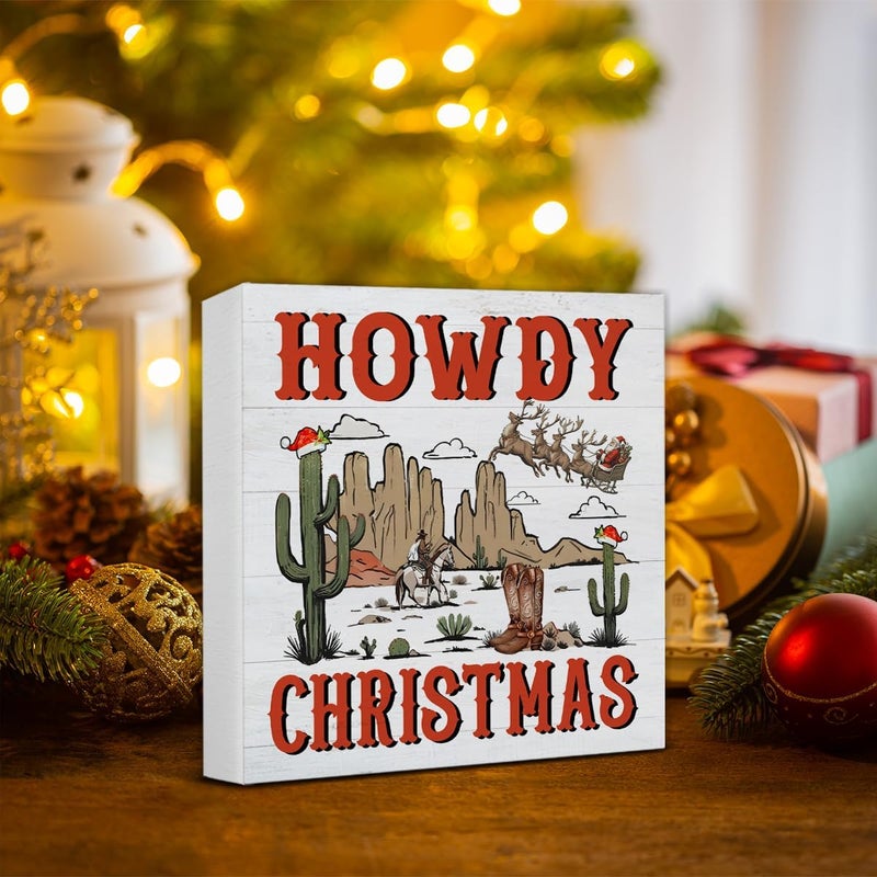 Zauly Western Christmas Decorations, Cowboy Decor Sign, Howdy Christmas Wood Sign Rustic Home Table Desk Decor (5 x 5 Inches) - Image 5